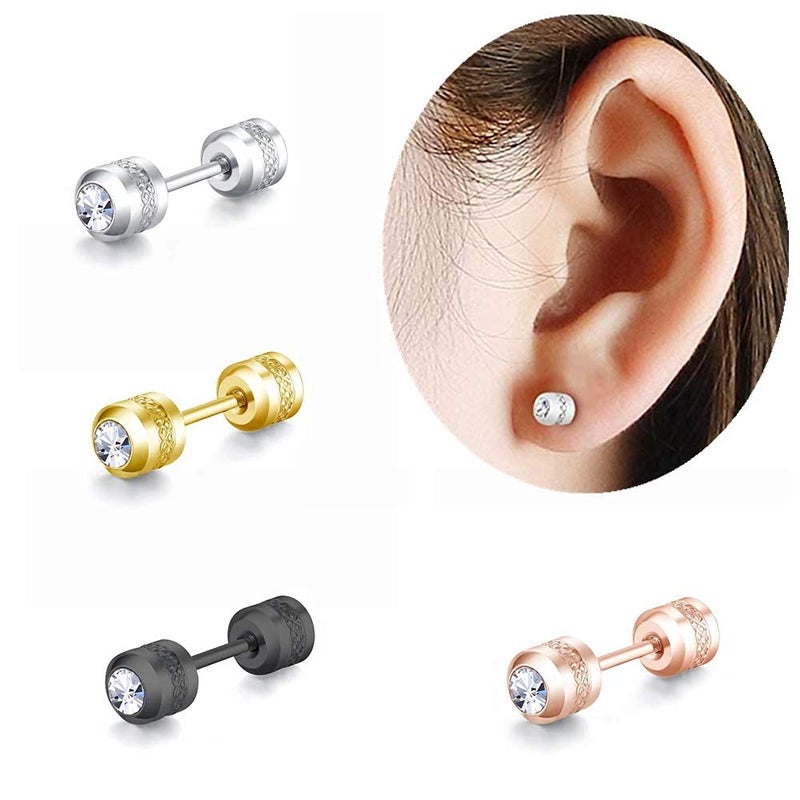 CVAYU Hypoallergenic double sided diamond Stud Earrings For Womens Men Secure Safety Screw back Cartilage CZ Stud Earrings (4mm 4 color (4 Pairs)) - Image 3